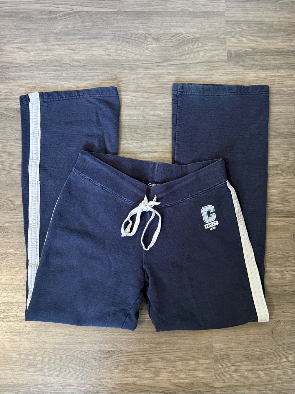Vintage Y2K Style Campus Crew Navy Blue Straight Leg Side Stripe Sweatpants